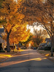 Fototapeta premium Tranquil residential road lined with homes and autumn-colored foliage during sunset.