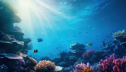 Fototapeta premium Tropical fish in the underwater, coral reef, amazing underwater life, various fish and exotic coral reefs, ocean wild creatures background