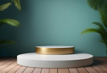 Fototapeta premium A 3d rendering of a golden podiums and a wooden background with green plants pot