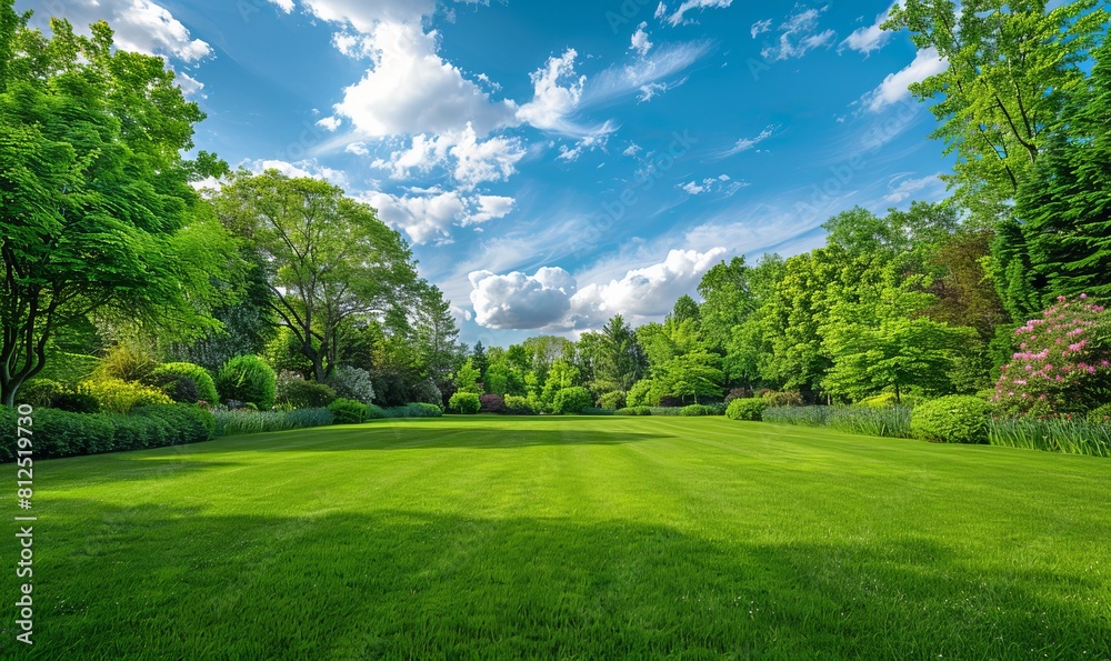 Wall mural Bright green lawn surrounded by vibrant foliage and trees with a blue sky and fluffy clouds