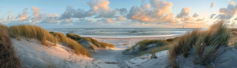 A panoramic view of beach dunes under a cloudy sky with sunlight breaking through and grass waving in the wind