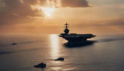 American fighter aircraft carrier silhouette in the ocean, sunset view
