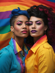Obraz premium Lesbian Couple in Rainbow Attire, Love Knows No Bounds