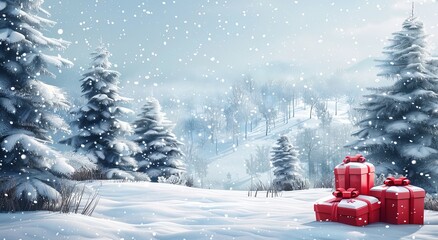 A winter wonderland scene with falling snow, Christmas gifts, and snowy fir trees in a serene landscape