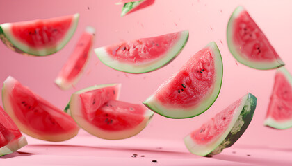 Slices of fresh juicy watermelon falling on pink background