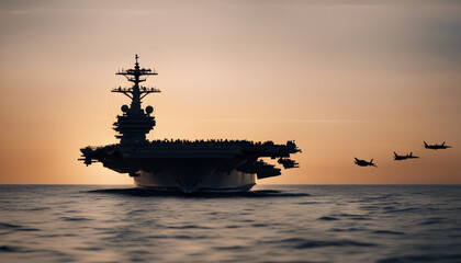American fighter aircraft carrier silhouette in the ocean, sunset view
