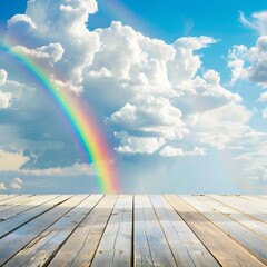 Wooden table top with blue sky, white cloud and colorful rainbow background