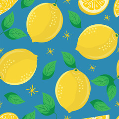 Vector seamless lemon pattern on blue background


