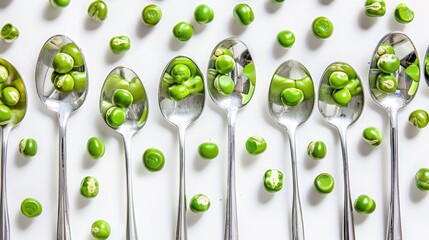 Close up image of peas and spoons on a white background representing a concept related to diet