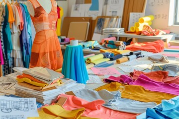 A colorful display of clothing and fabric on a table