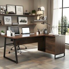 Modern L-shaped computer desk with two side drawers