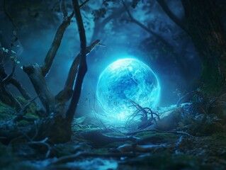 Obraz premium A mystical blue orb emits a soft glow in an enchanting forest setting, creating a magical and serene atmosphere.