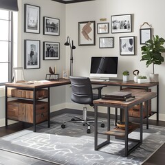 Modern L-shaped desk with two side desks