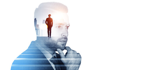 Pensive businessman silhouette and man climbed on the stairs. Copy space