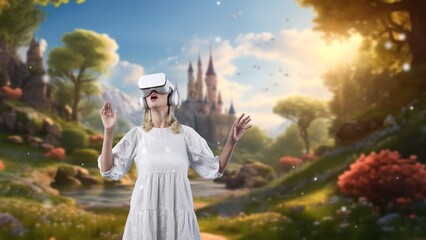 Excited woman turning around looking through VR in wonderland metaverse fairytale forest meta...