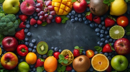 Assorted fresh ripe fruits and vegetables. Food concept background. View from above. Copy space.