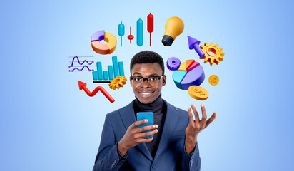 Smiling african businessman typing on the phone, financial analysis icons