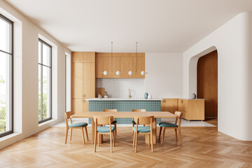Beige home kitchen interior with dining table and bar island, panoramic window