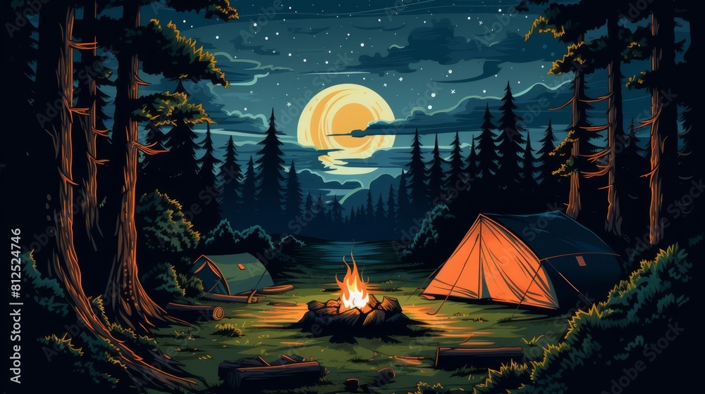 Wall mural a campsite with a fire and two tents