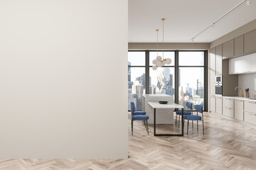 Home kitchen interior bar island and cooking cabinet, window. Mockup wall