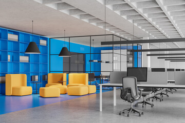 Colored office interior with coworking and relaxing zone, shelf with documents