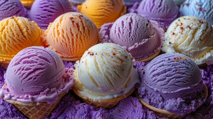 Assorted ice cream cones viewed from above on vivid purple background for a striking visual display