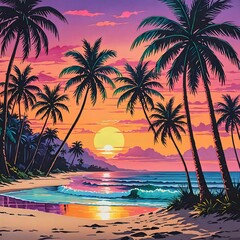 A beach scene  in a painting featuring palm trees and a tropical sunset backdrop.