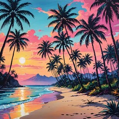 A painting of a beach scene with palm trees. Tropical background, beach sunset.