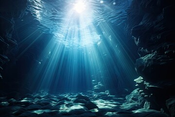 Generative AI. Mysterious Underwater Cave Illuminated by Sunlight Beams.
