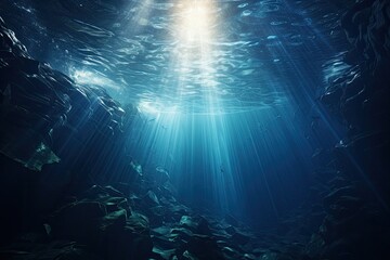 Generative AI. Enigmatic Underwater Landscape with Sunlight Penetrating Ocean Depths.