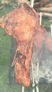Vertical video showcasing a grilled kebab leg
