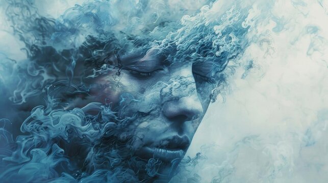 Artistic view of a human with hypothyroidism, sluggish blues and grays, slowed metabolism visual