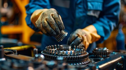 Auto technician repairing a gearbox, intricate work with gears and mechanical components