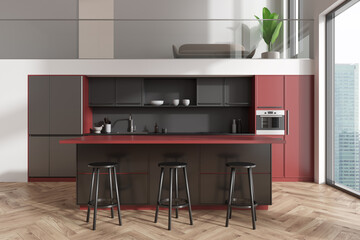 A sleek modern kitchen with red and black cabinets, integrated appliances, and bar stools against a cityscape view. 3D Rendering