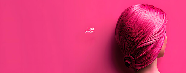 Pink-colored wig on a pink background with a message of fighting cancer.