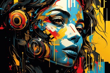 Generative AI. Colorful Urban Pop Art Portrait of Woman with Headphones.