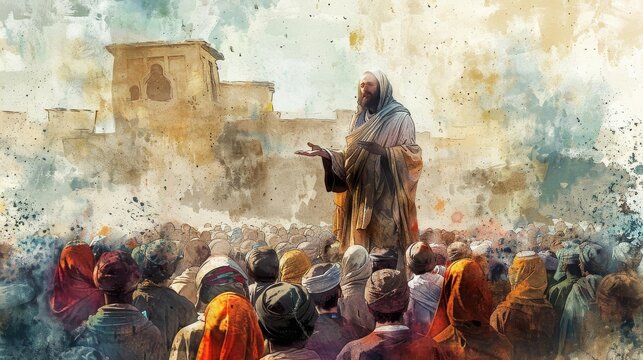 Digital watercolor of Jesus preaching to a crowd, soft hues capturing a serene yet compelling scene