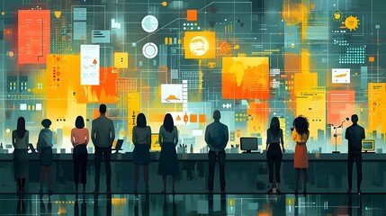 Illustration of a group of people brainstorming while looking at the large monitor