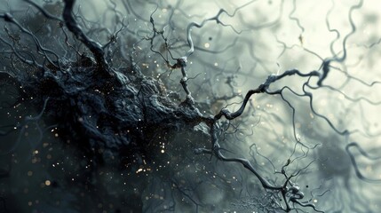 Illustration of a neural network affected by Alzheimers, tangled lines and fading grays conveying confusion and decay