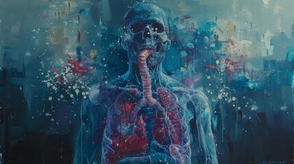Representation of tuberculosis, hollow chest and scattered spots in cold, harsh colors