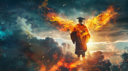 Fototapeta premium Artistic composition of a graduate as a phoenix rising from the flames of adversity