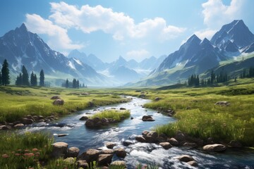 Generative AI. Kyrgyzstan landscape. Pristine Mountain Valley with Flowing River and Bright Blue Sky.