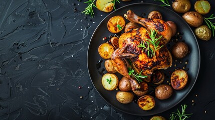 Roasted chicken with potatoes on a dark plate, seen from above.