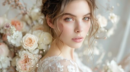 A bride on her wedding day, soft whites and delicate floral touches in a dreamy, romantic composition