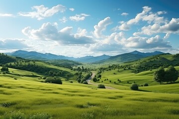 Obraz premium Generative AI. Serene Rolling Hills of Vibrant Green Grass Under Blue Sky.