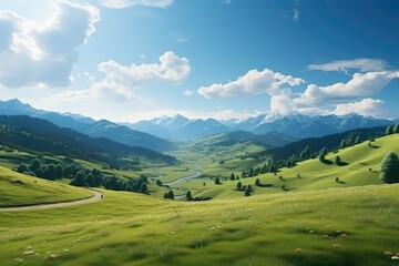 Obraz premium Generative AI. Idyllic Summer Landscape with Lush Green Meadows and Distant Mountains.