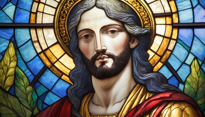 A stained glass portrait of Jesus with a serene expression. Surrounding leaves and light effects give a peaceful ambiance to the depiction.