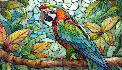 Obraz premium Stained glass artwork of a colorful macaw in a lush greenery setting.