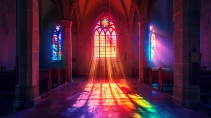 Obraz premium Backlit silhouette of a church window with stained glass, illuminating the interior with colored light