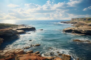 Fototapeta premium Generative AI. Libya landscape. Rugged Coastline and Turquoise Waters under a Sunny Sky.